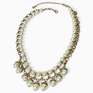 Faux Pearl Rhinestone Statement Necklace Beaded Dangle Gold Tone Elegant Glam